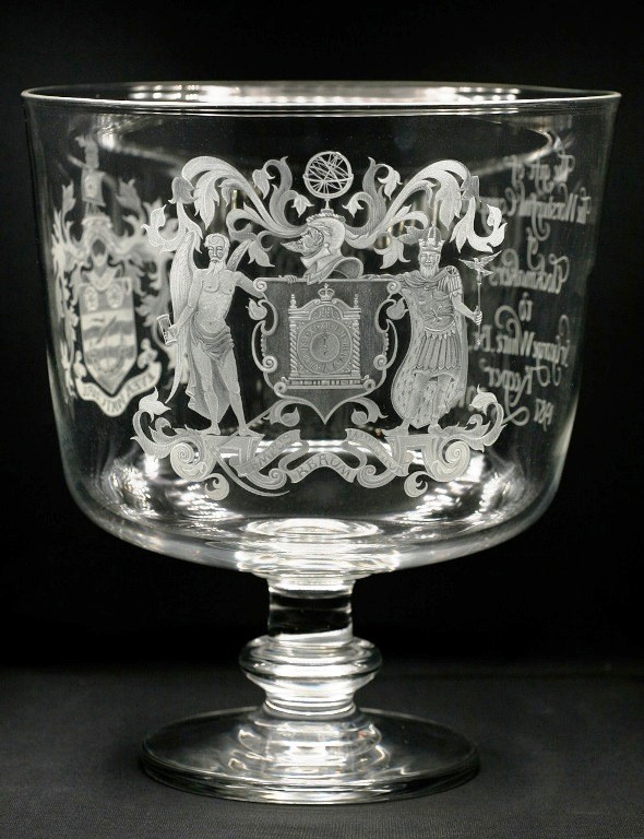Large presentation bowl. Glass blown by Neil Wilkin. Bowl commissioned by The Worshipful Company of Clockmakers to present to their retiring Keeper, Sir George White, Bt, F.S.A. . Photograph by Sir George White.